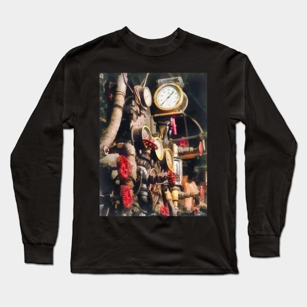 Trains - Inside Cab of Steam Locomotive Long Sleeve T-Shirt by SusanSavad